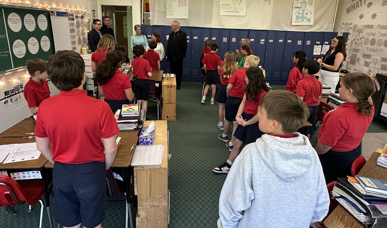St. Brendan School welcomes Bishop Woost for Ice Cream with the Bishop, Gallery Walk visit