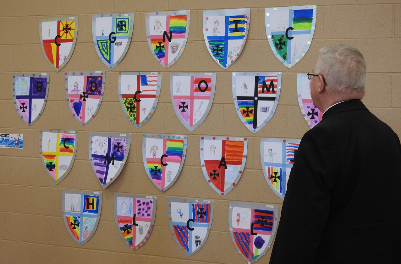 St. Brendan School welcomes Bishop Woost for Ice Cream with the Bishop, Gallery Walk visit